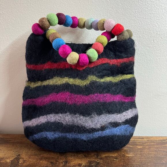 Rising Tide Felted Wool Handbag Handmade Nepal Bohemian Purse Artsy Black Hippie - Picture 1 of 9